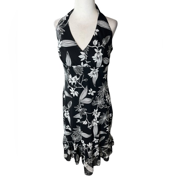Y2K ALYN PAIGE Made in USA Size 11/12 MED Black & White Floral Halter Dress - Picture 1 of 10